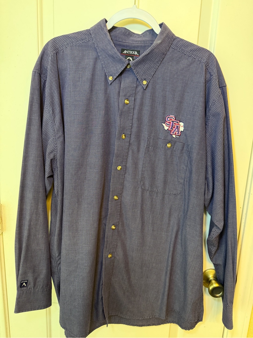 Antigua Men’s purple and white  Microcheck Button-Down Shirt with SFA Logo